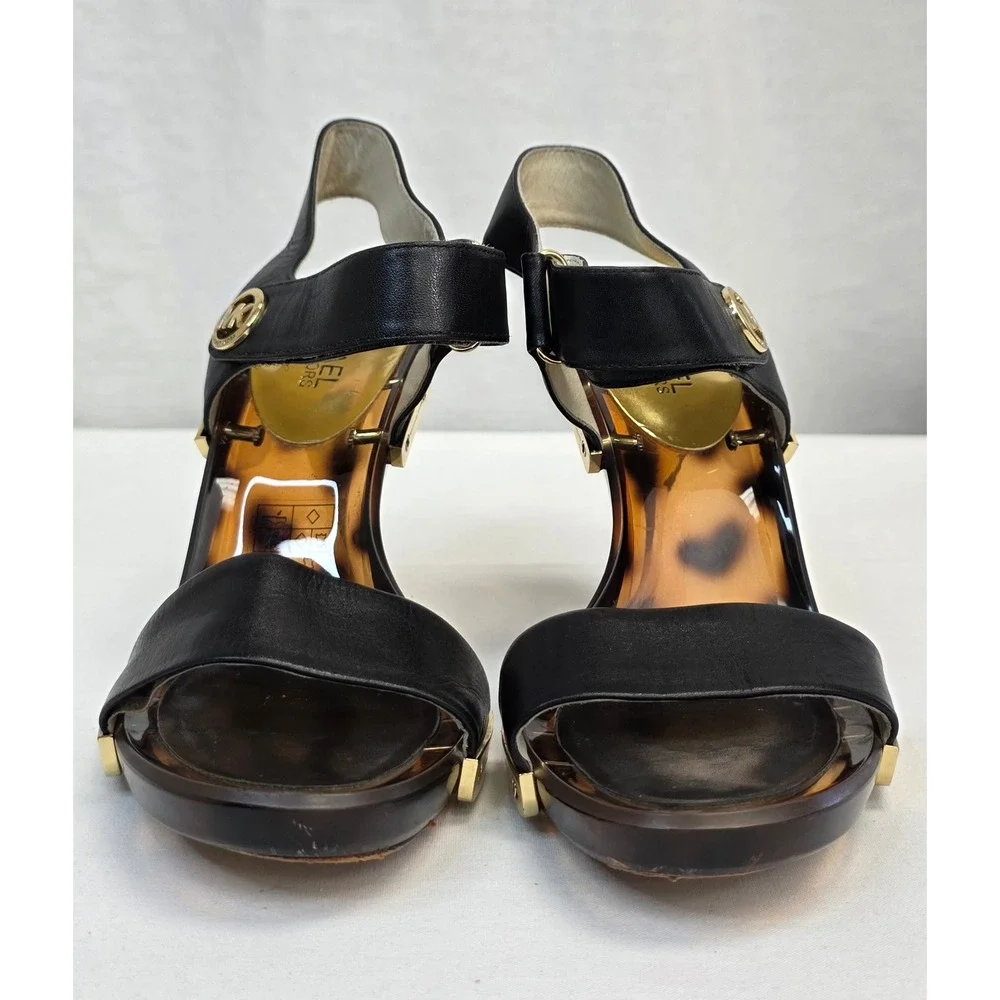 Michael Kors Black Leather Tortoise Shell Gold‎ Stiletto Sandals Heels Womens